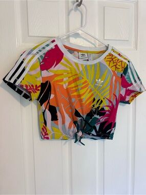 adidas White Collar Tropical Stripe Tee with Yellow and Pink Accents